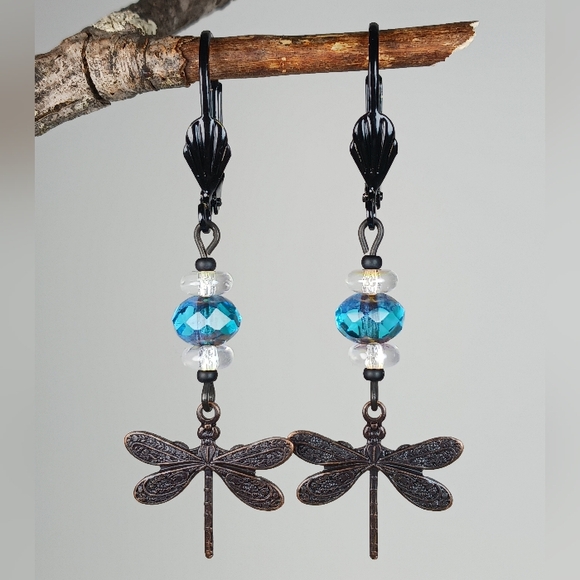 HAND CRAFTED Dragonfly Dangle Earrings Blue Artisan Glass Black Boho Nature - Picture 3 of 6